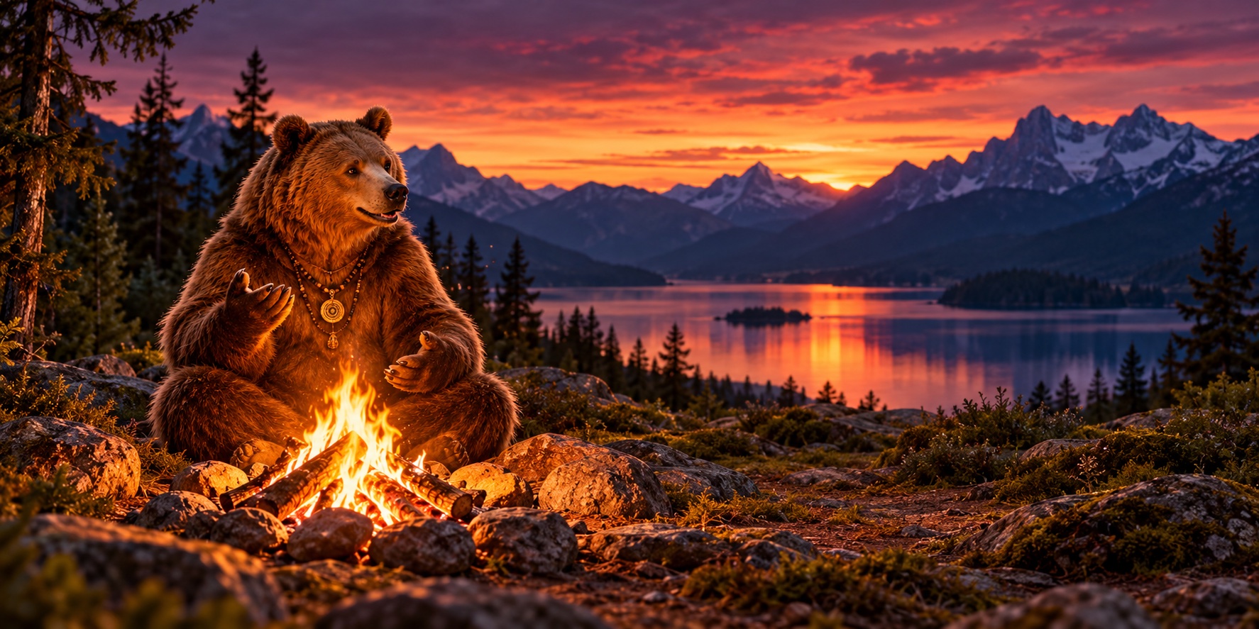 Ein freundlicher Bär mit Halsketten sitzt an einem Lagerfeuer vor einem Bergsee im Abendlicht