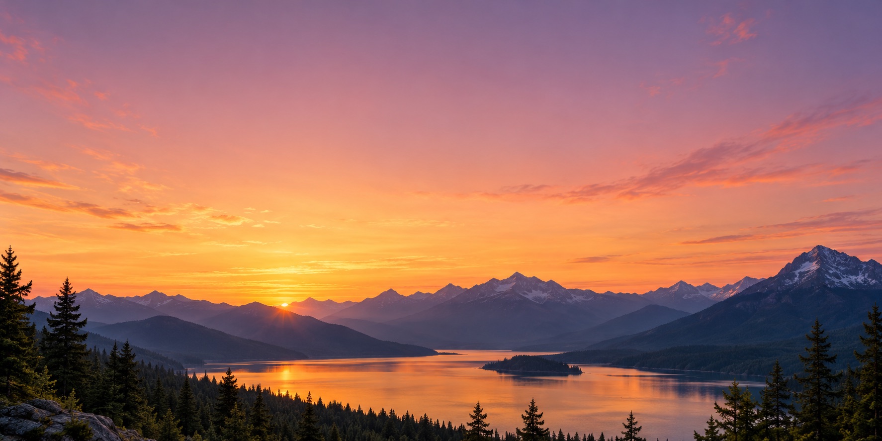 Goldener Sonnenuntergang über einem stillen Bergsee und dunklen Tannen